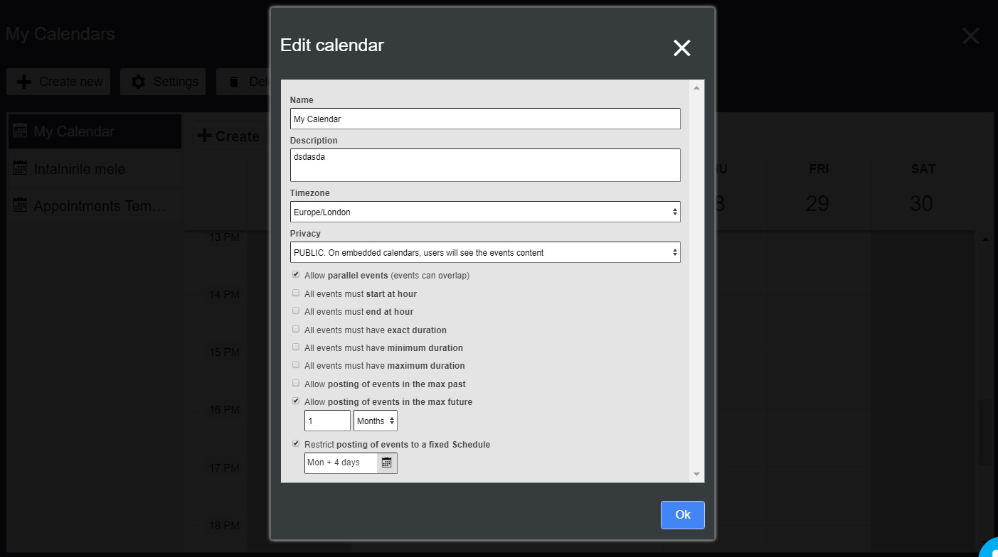 Change calendar setting for your appointments scheduling website
